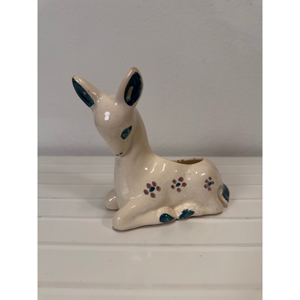 Vintage Ceramic Deer Planter Fawn Figurine Hand Painted Floral Mid Century MCM